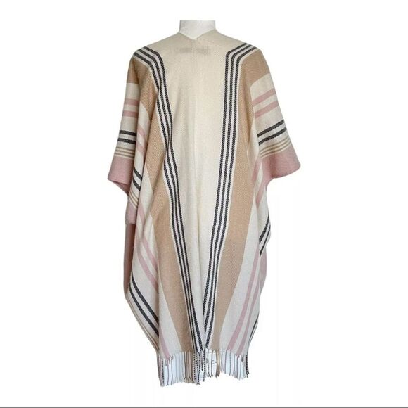 LOFT Pink Cream Neutral Colors Fringe Open Front Poncho One Size - Picture 3 of 11